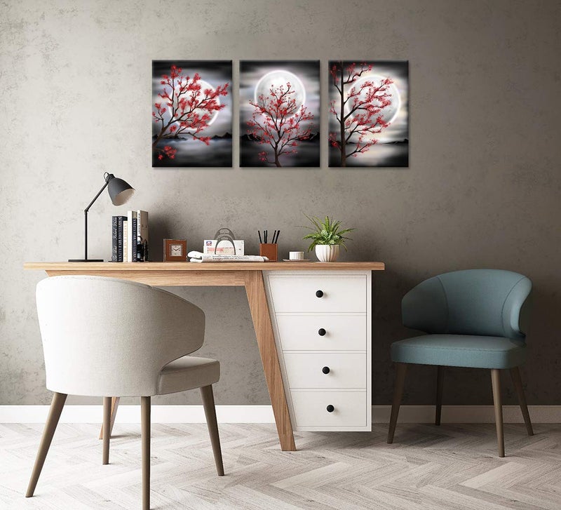 Zlove Natural Canvas Wall Art Red Moon Flower Tree Wall Decor Landscape Painting Pictures for Bedroom, 12"x16", 3Pcs - Image 3